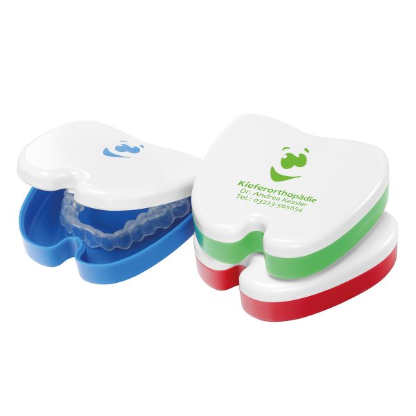Schienendosen-Spangendosen-bedruckt-Spangendosenbox-Zahnspange-Dose-Dento-Box-Patientengeschenk-Präsent-Praxis-Zahnarzt-Give-Away-einfarbig