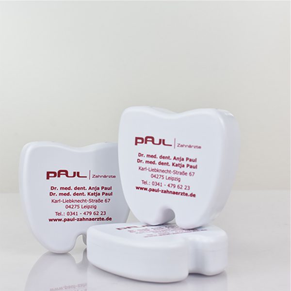 Schienendosen Spangendosen bedruckt Zahnform Spangendosenbox Zahnspange Dose Dento Box KFO Box Patientengeschenk Präsent Praxis Zahnarzt Give-Away