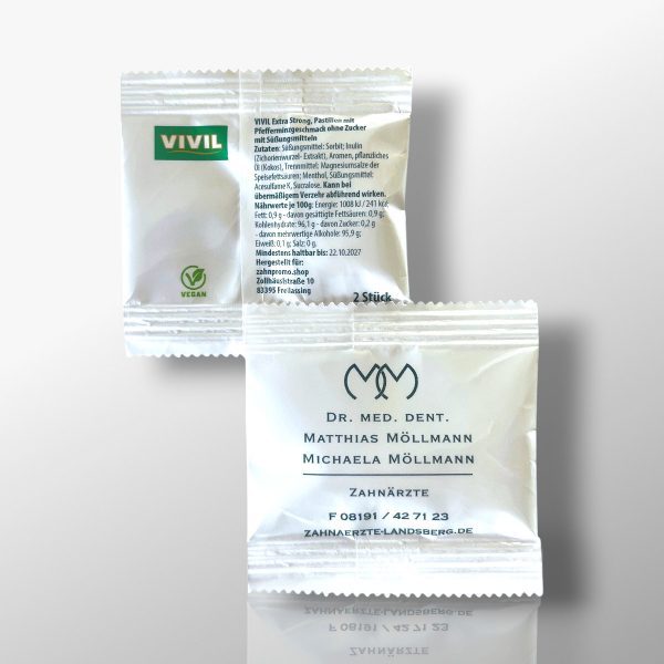 Flow-Pack-Vivil-Friendship-Minzpastillen-Pfefferminz-zuckerfrei-bedruckt-Zahnarzt-Zahnarztpraxis-4C-farbig-bedruckt